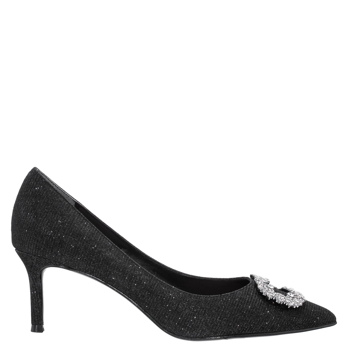 Nina Shoes Neya Black Textured Metallic Mid-Heel Pumps with Jeweled Buckle