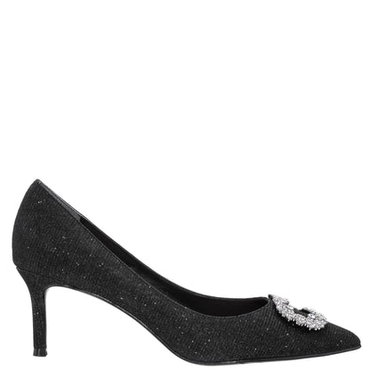 Nina Shoes Neya Black Textured Metallic Mid-Heel Pumps with Jeweled Buckle