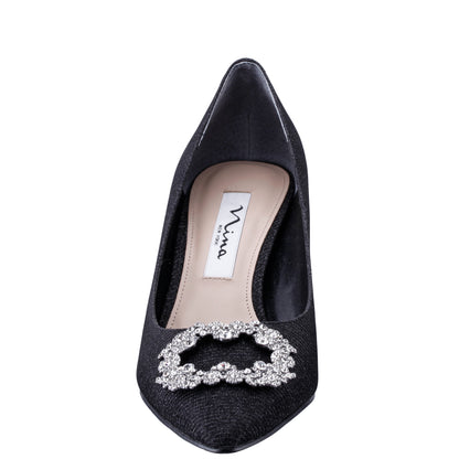 Nina Shoes Neya Black Textured Metallic Mid-Heel Pumps with Jeweled Buckle