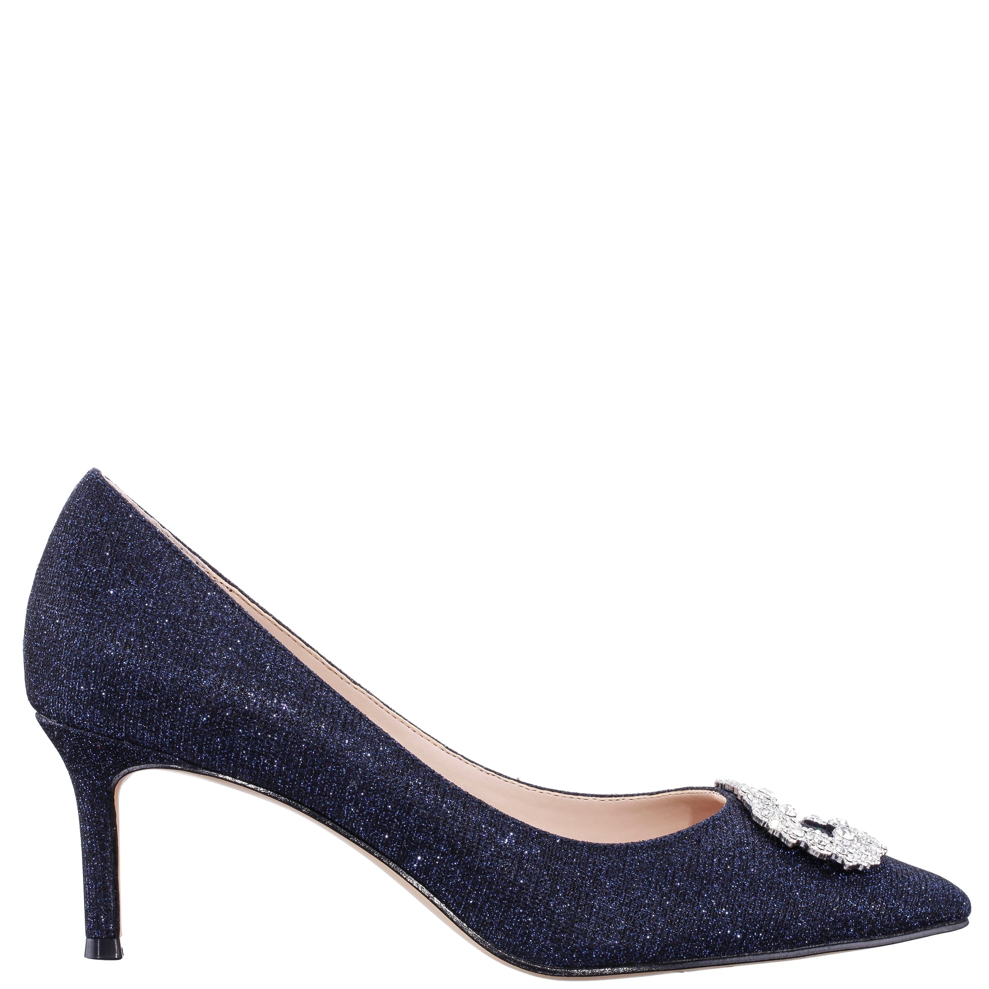Nina Shoes Neya Blue Textured Metallic Mid-Heel Pumps with Jeweled Buckle
