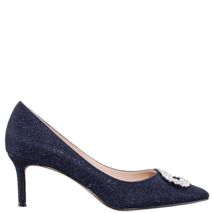 Nina Shoes Neya Blue Textured Metallic Mid-Heel Pumps with Jeweled Buckle