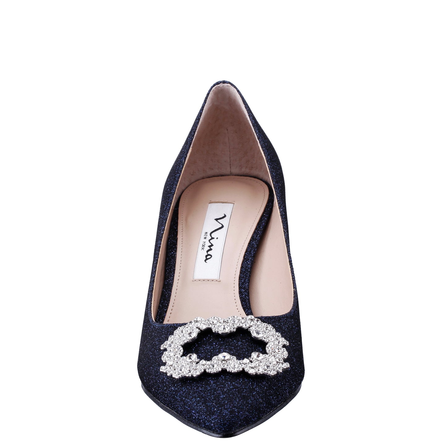 Nina Shoes Neya Blue Textured Metallic Mid-Heel Pumps with Jeweled Buckle