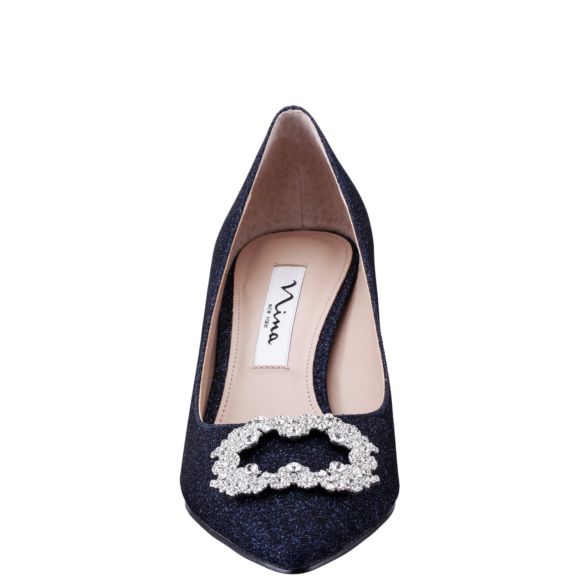 Nina Shoes Neya Blue Textured Metallic Mid-Heel Pumps with Jeweled Buckle