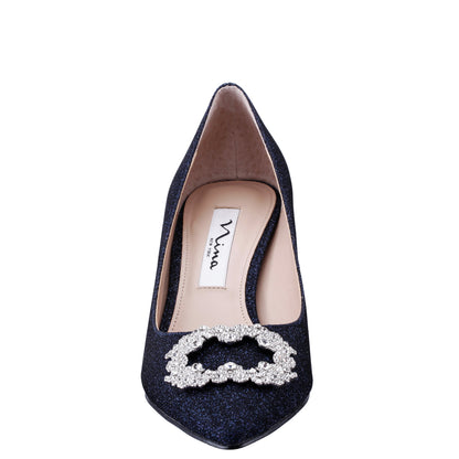 Nina Shoes Neya Blue Textured Metallic Mid-Heel Pumps with Jeweled Buckle