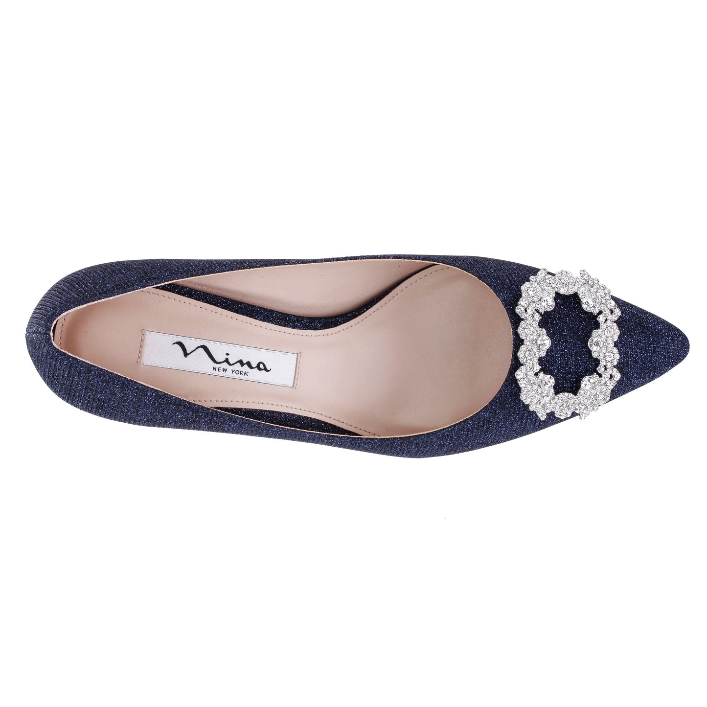 Nina Shoes Neya Blue Textured Metallic Mid-Heel Pumps with Jeweled Buckle