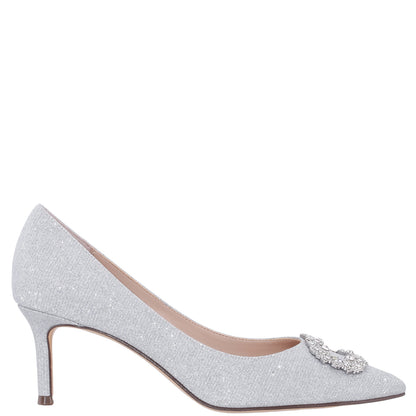 Nina Shoes Neya True Silver Textured Metallic Mid-Heel Pumps with Jeweled Buckle