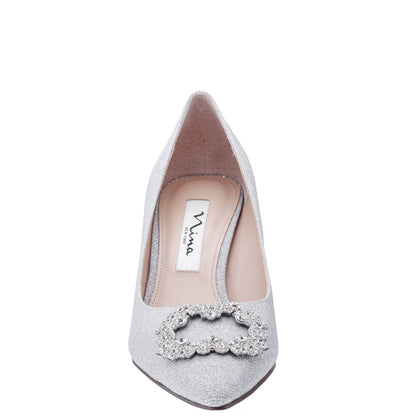 Nina Shoes Neya True Silver Textured Metallic Mid-Heel Pumps with Jeweled Buckle