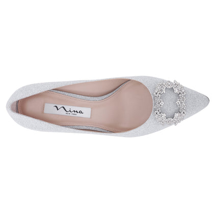 Nina Shoes Neya True Silver Textured Metallic Mid-Heel Pumps with Jeweled Buckle