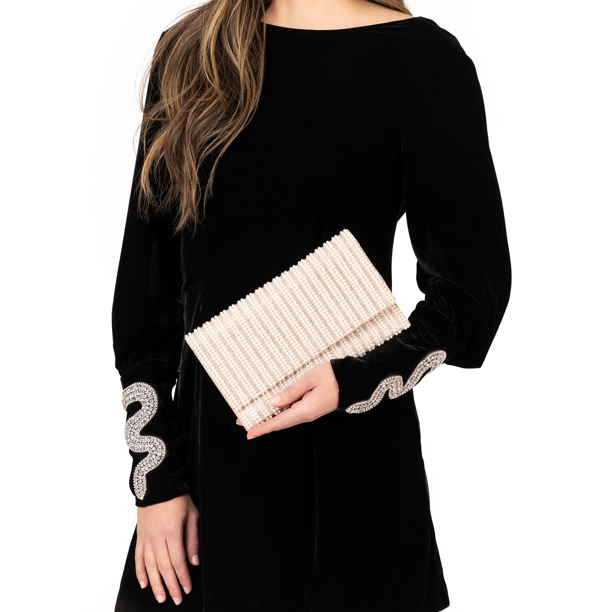Nina Shoes Kimora White Allover Pearl/Crystal Envelope Clutch