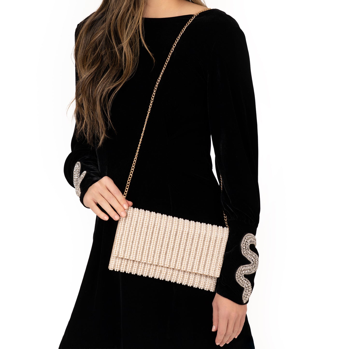 Nina Shoes Kimora White Allover Pearl/Crystal Envelope Clutch