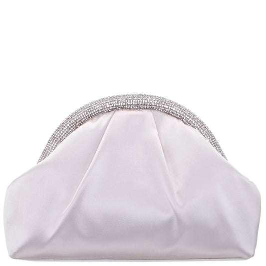 Nina Shoes Jane Beige Satin/Glass Crystal Frame Clutch