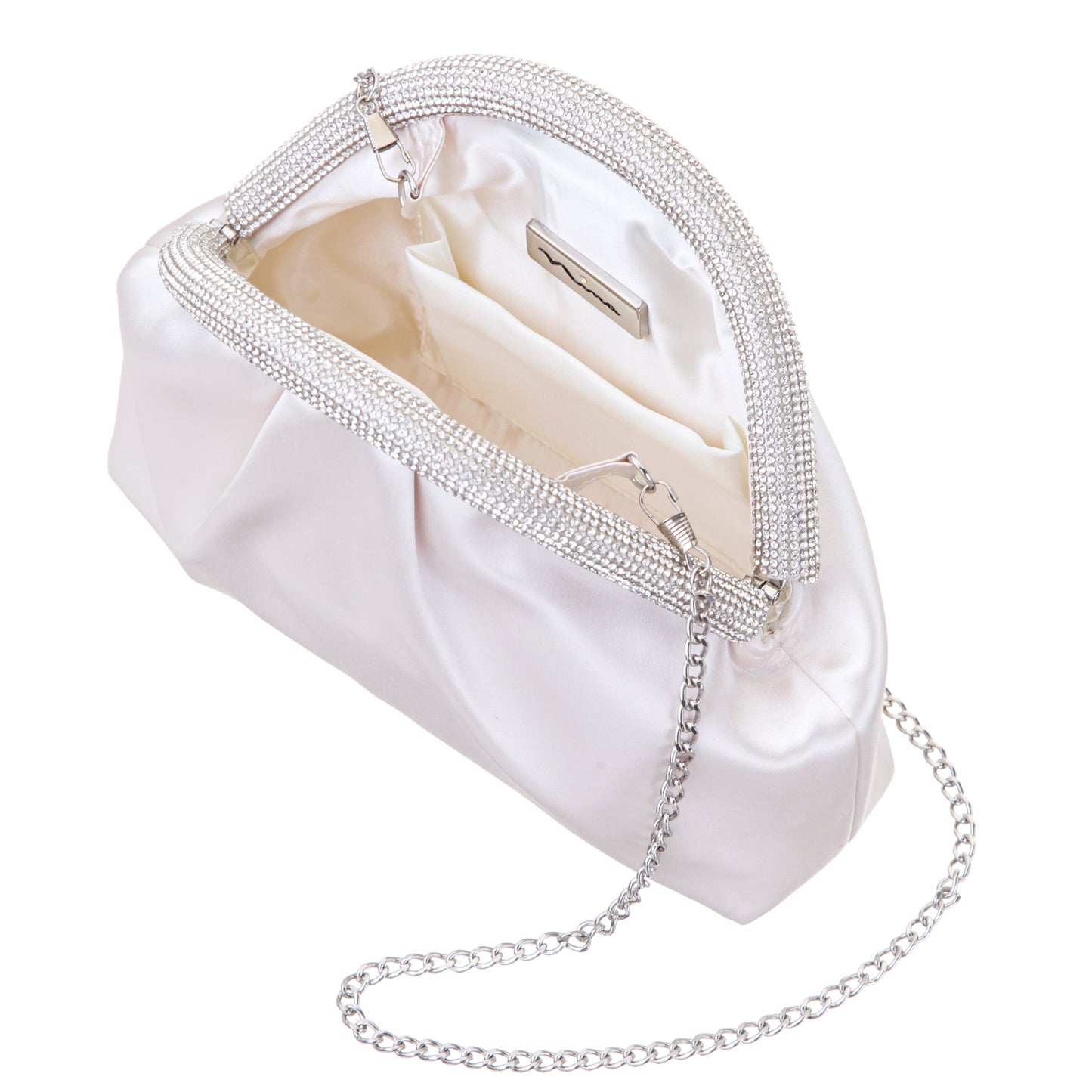Nina Shoes Jane Beige Satin/Glass Crystal Frame Clutch
