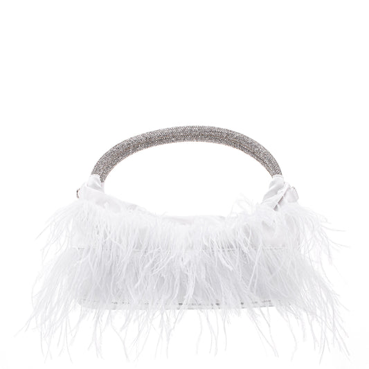 Nina Shoes Minnie White Crystal Handle Feather Pouch