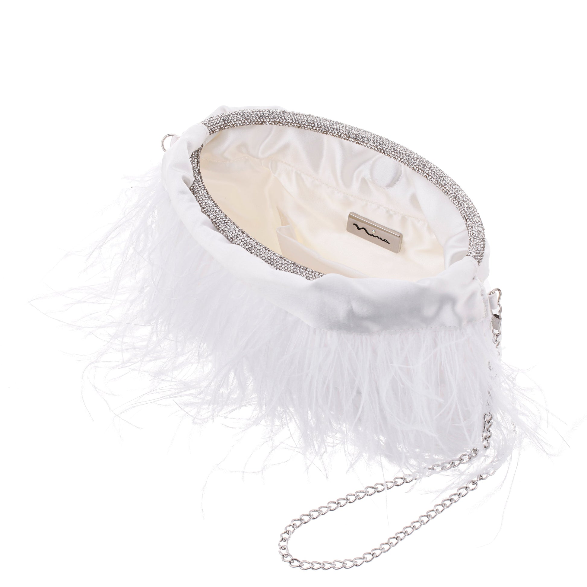 Nina Shoes Minnie White Crystal Handle Feather Pouch