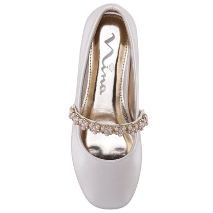 Nina Shoes Girls Joansie White Pearlized Ballet Dress Shoe