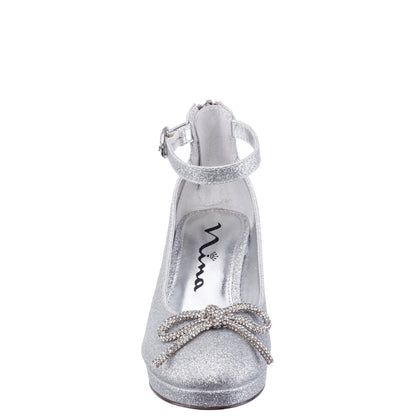 Nina Shoes Girls Daylin Silver Glitter Ankle Strap Dress Shoes