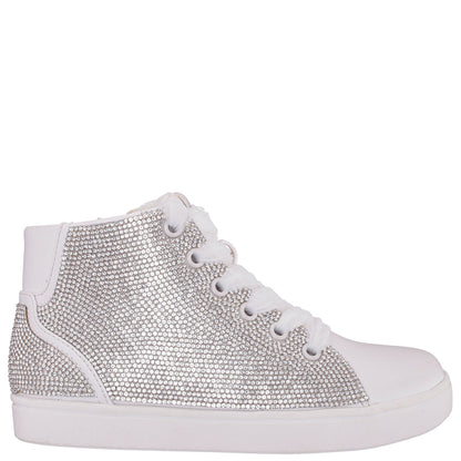 Nina Shoes Girls Kula White Crystal Side Zip High Top Sneaker