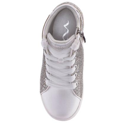 Nina Shoes Girls Kula White Crystal Side Zip High Top Sneaker