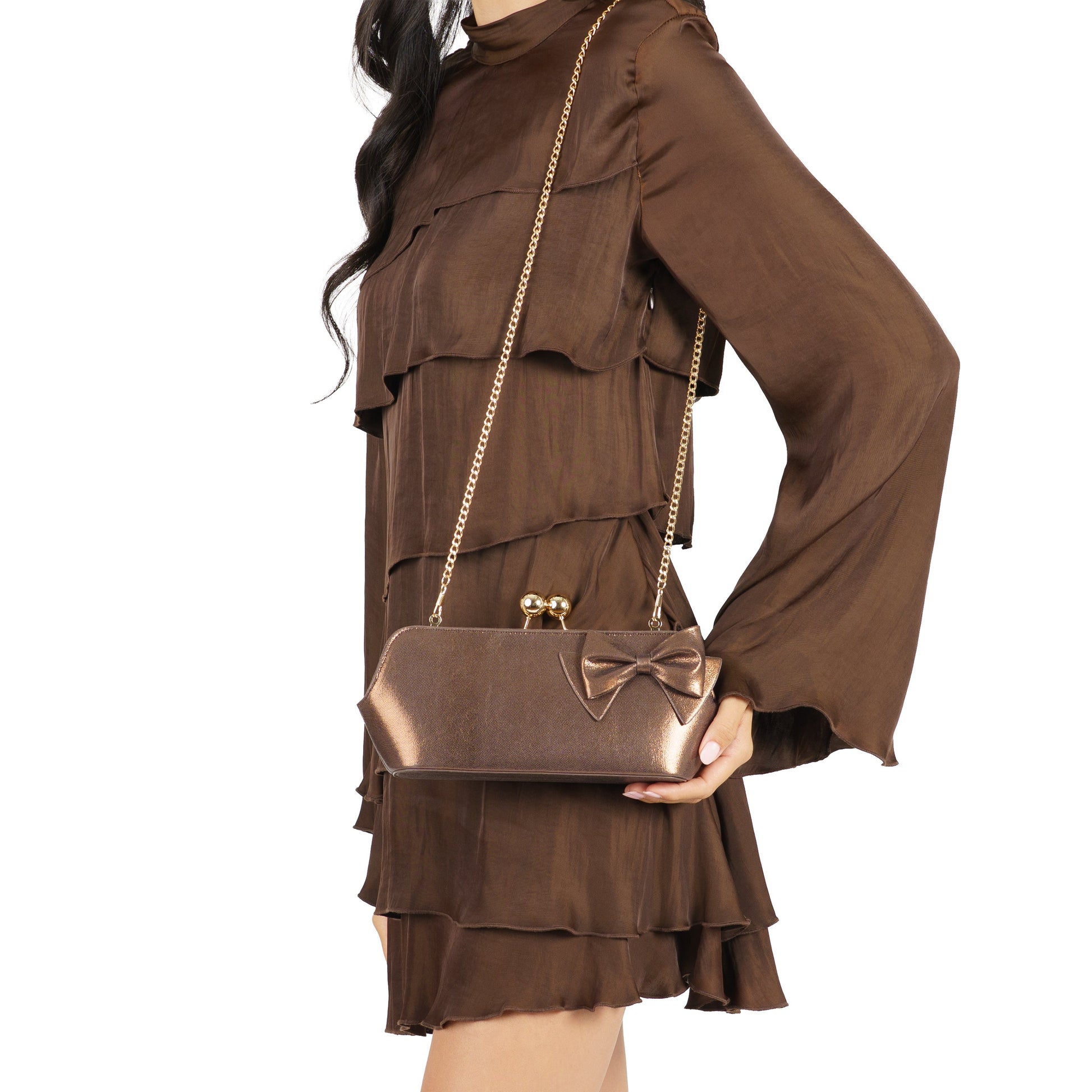 Nina Shoes Kenji-M Brown Reflective Suedette Frame Clutch