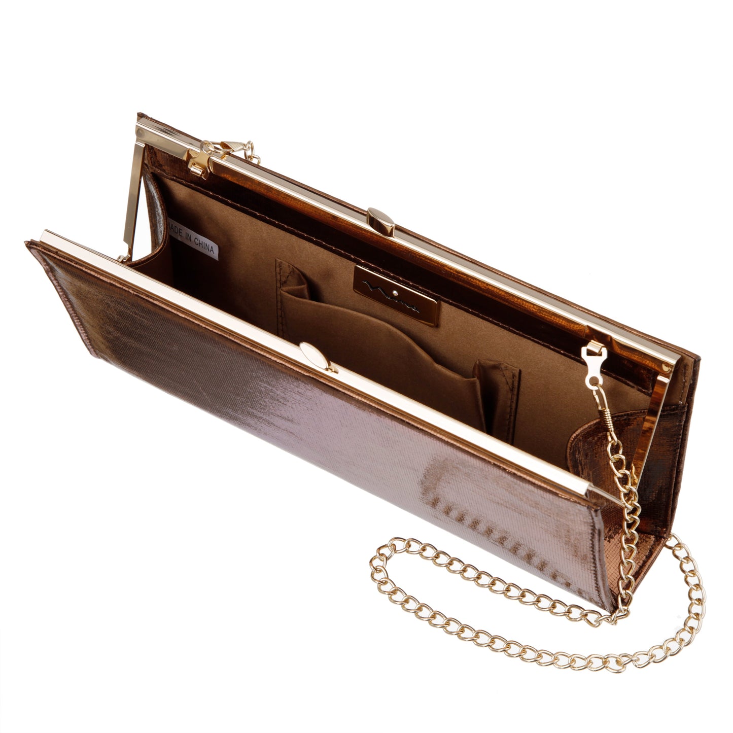 Nina Shoes Tierney Brown Mini Geo Metallic Fabric Frame Clutch