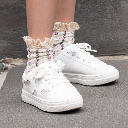 Nina Shoes Girls Esti White lace up sneakers with hearts