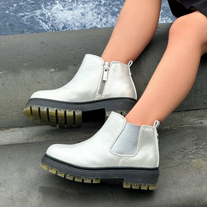 Nina Shoes Girls Prisila Silver Metallic Inside Zip Ankle Boots