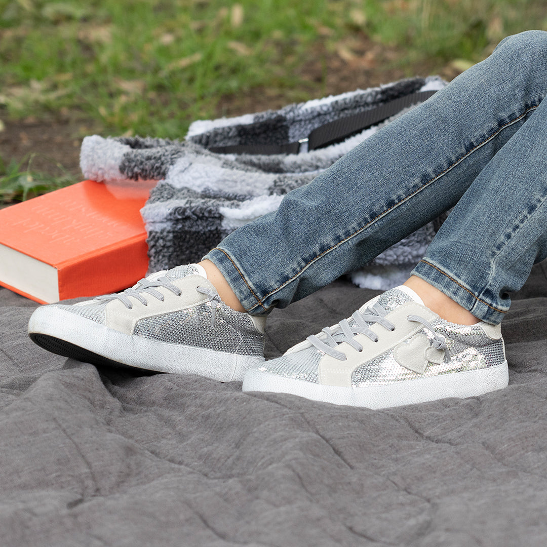 Nina Shoes Girls Madelina Silver Sequin Lace Up Sneakers
