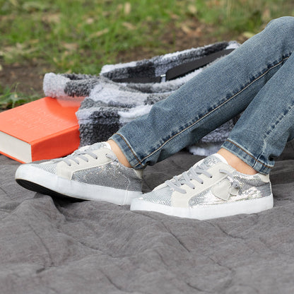 Nina Shoes Girls Madelina Silver Sequin Lace Up Sneakers