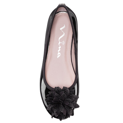 Nina Shoes Girls Jeanesse Black patent flower ballet flats