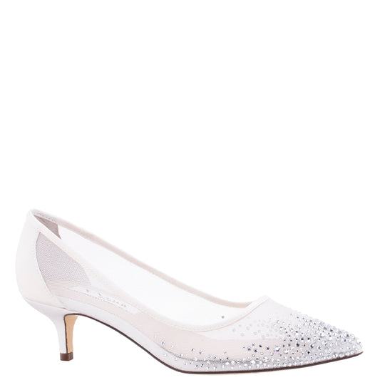 Nina Shoes Sofie White Mesh with Faceted Crystals Kitten-Heel Pumps
