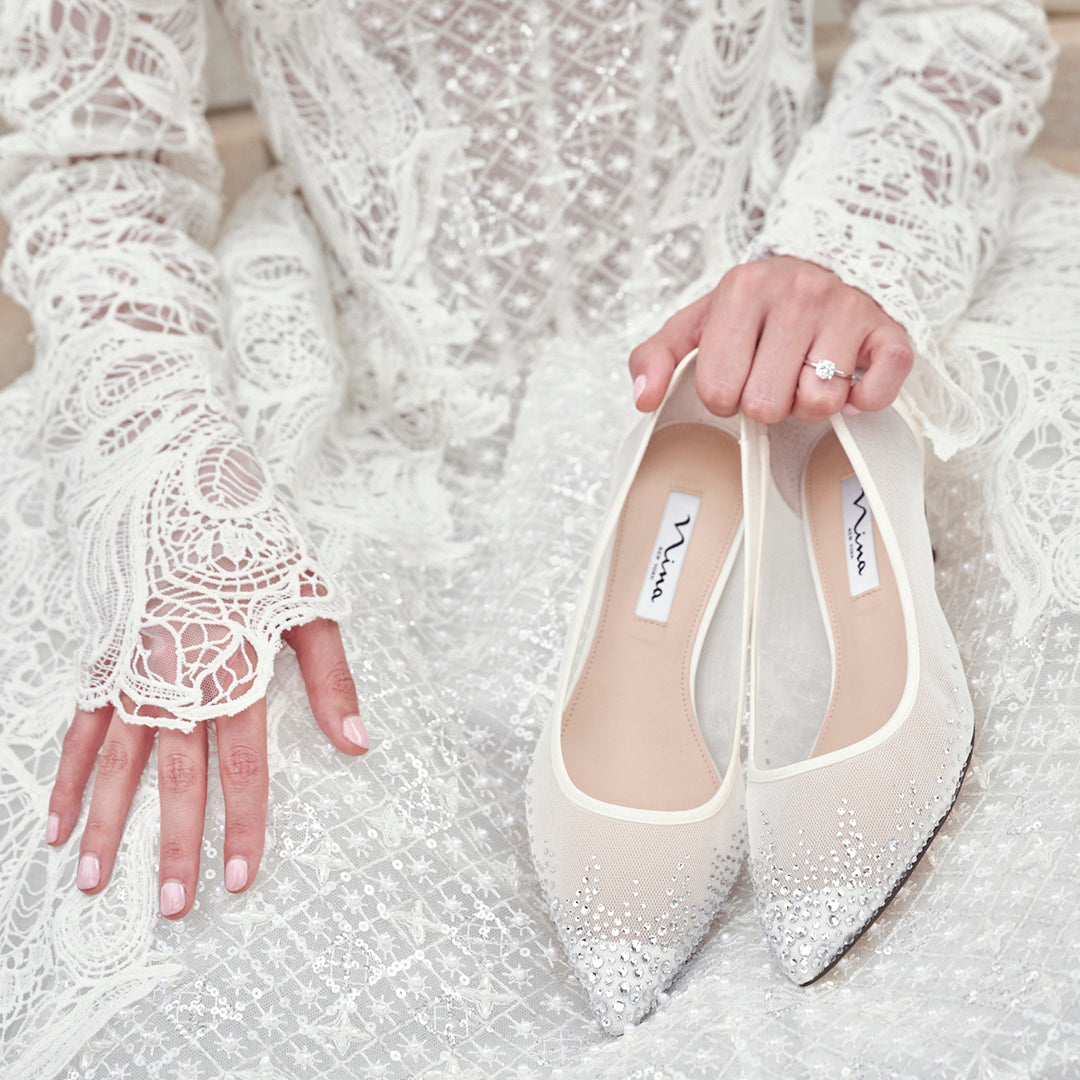 Nina Shoes Sofie White Mesh with Faceted Crystals Kitten-Heel Pumps
