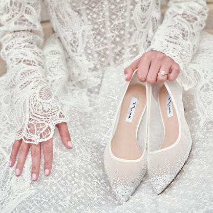 Nina Shoes Sofie White Mesh with Faceted Crystals Kitten-Heel Pumps