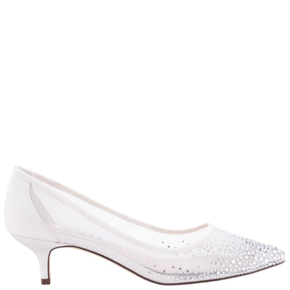 Nina Shoes Sofie White Mesh with Faceted Crystals Kitten-Heel Pumps