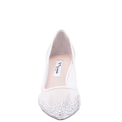 Nina Shoes Sofie White Mesh with Faceted Crystals Kitten-Heel Pumps