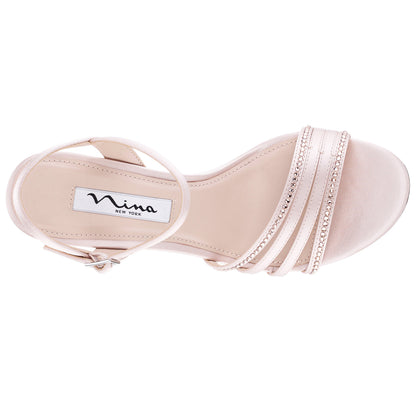 Nina Shoes Nelena Pearl Rose Satin with Matching Crystals Low-Heel Sandals with Ankle-Strap