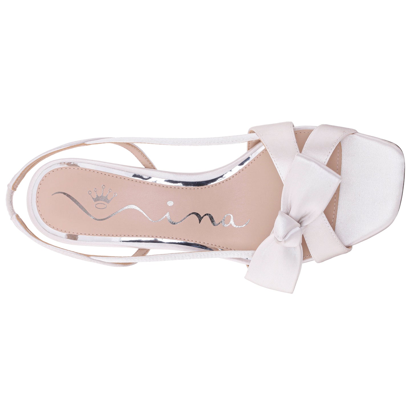 Nina Shoes Lizette White Satin with Bow Slingback Sandals on a Mid-Heel