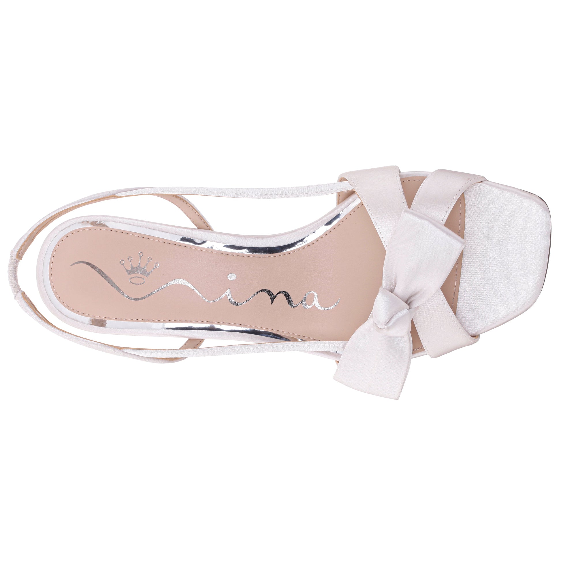 Nina Shoes Lizette White Satin with Bow Slingback Sandals on a Mid-Heel