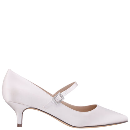Nina Shoes Namali White Satin with Rhinestone Buckle Kitten-Heel Pumps