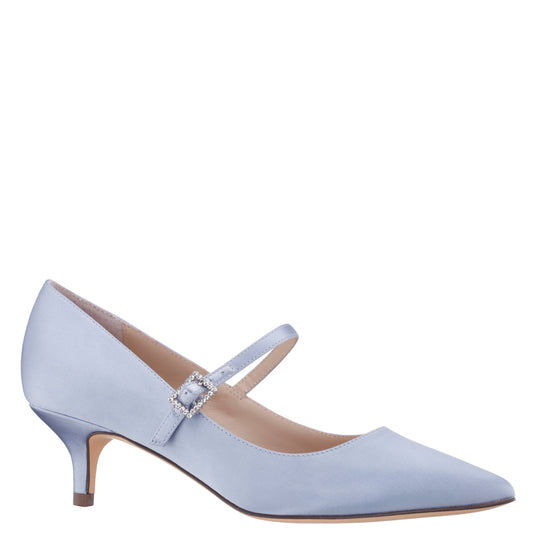 Nina Shoes Namali Blue Satin with Rhinestone Buckle Kitten-Heel Pumps