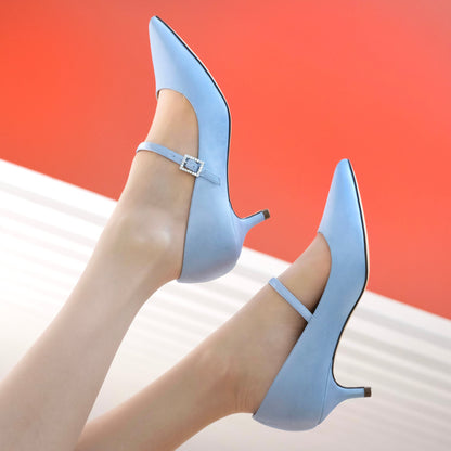 Nina Shoes Namali Blue Satin with Rhinestone Buckle Kitten-Heel Pumps