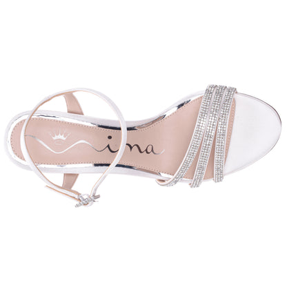 Nina Shoes Veera White Satin with Crystals and Pearls High-Heel Sandals with Jeweled Ankle-Strap