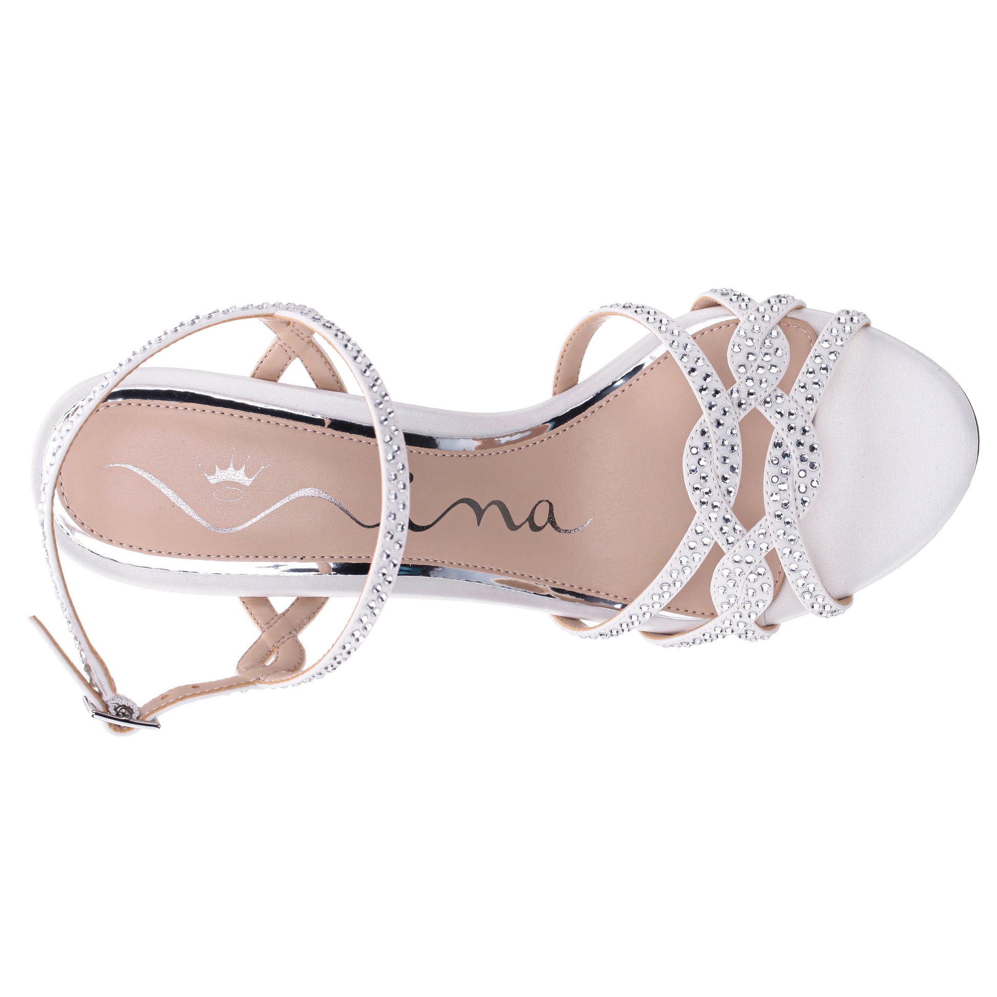 Nina Shoes Rosa White Satin with Clear Crystals High-Heel Platform Sandals with Ankle-Strap