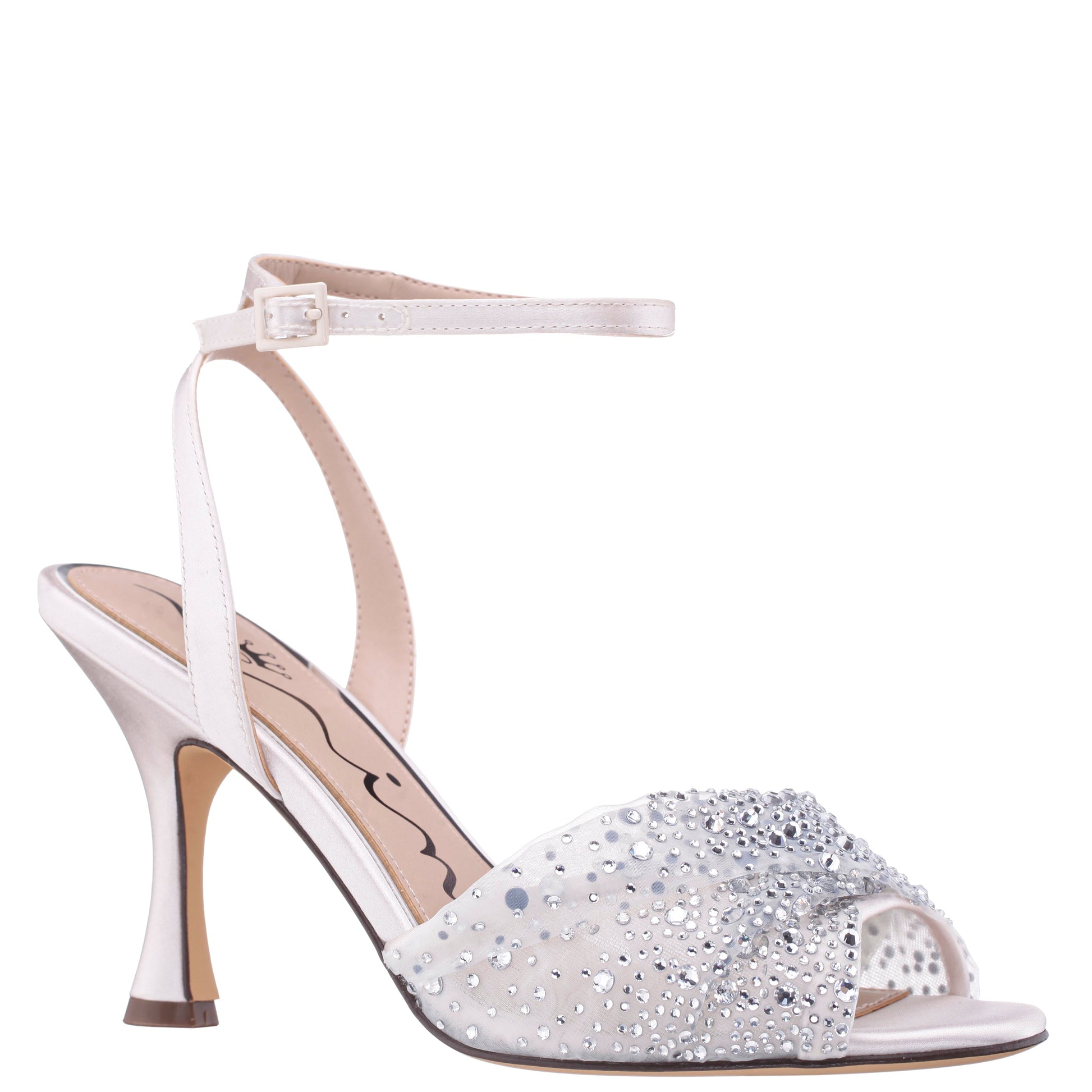 Nina Shoes Vida White Satin with Mesh and Faceted Crystals High-Heel Sandals with Ankle-Strap