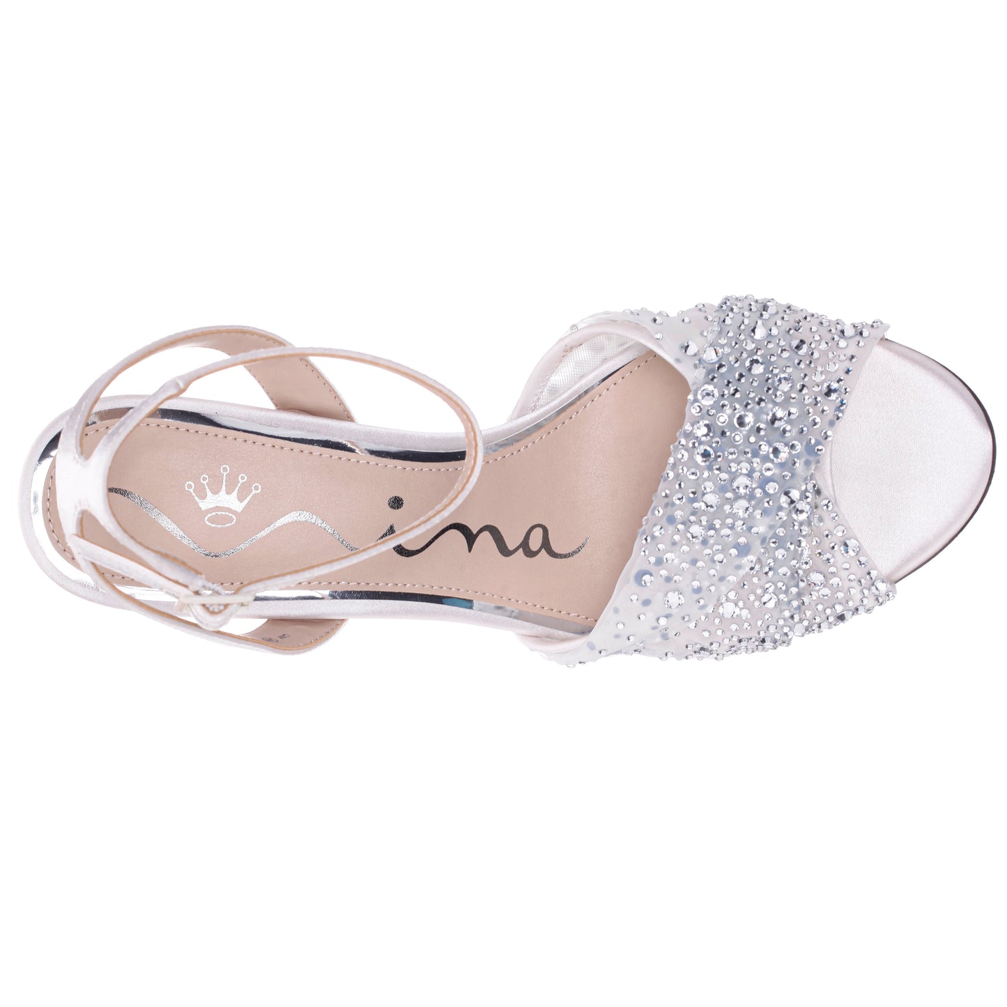 Nina Shoes Vida White Satin with Mesh and Faceted Crystals High-Heel Sandals with Ankle-Strap