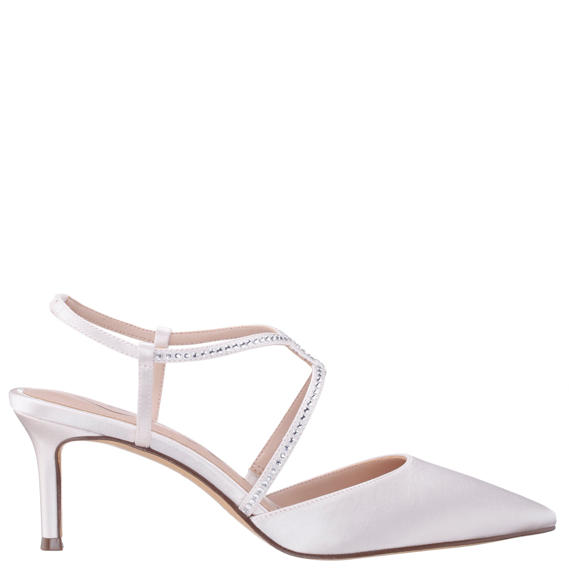 Nina Shoes Nichele White Satin with Crystal Twist Mid-Heel Slingback Pumps