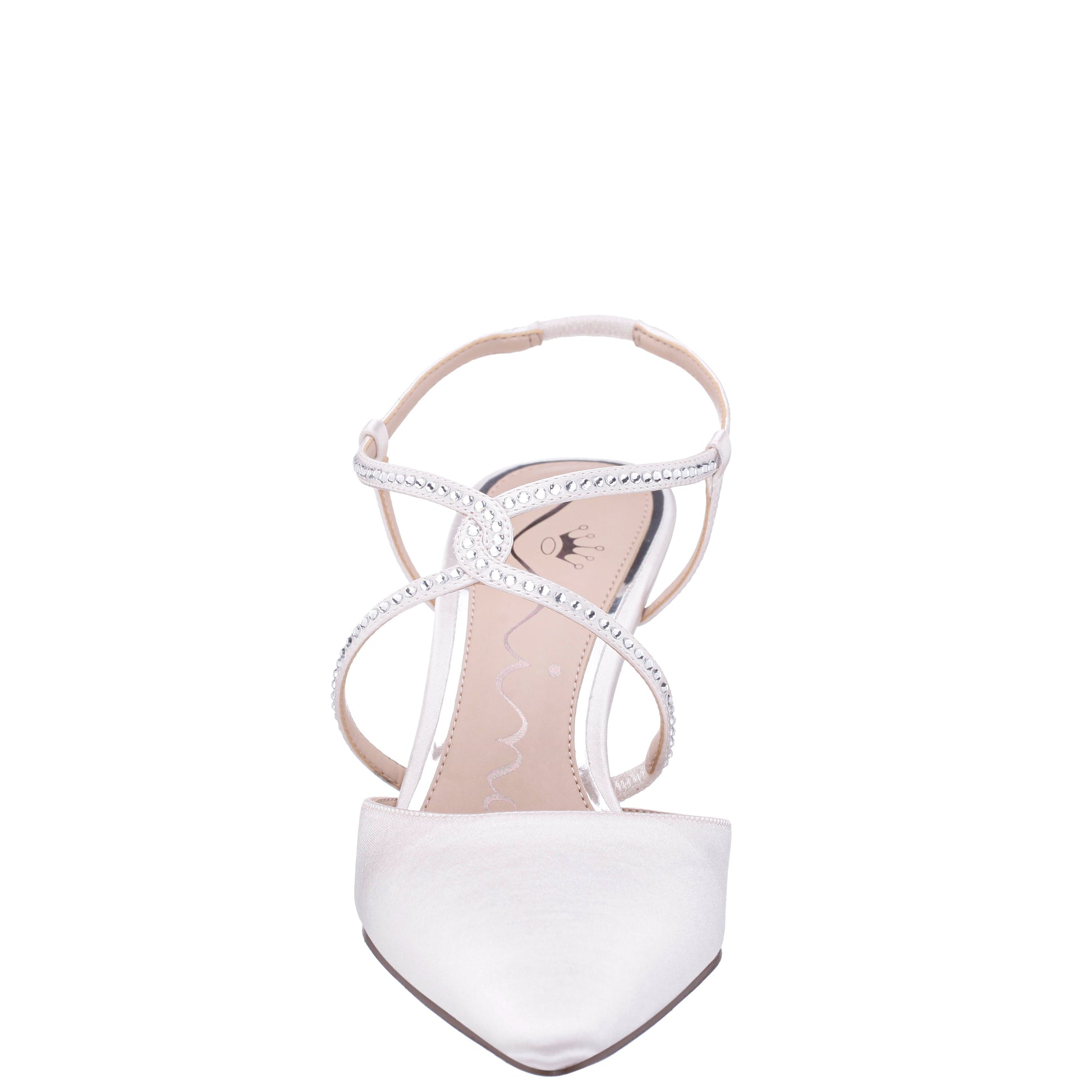 Nina Shoes Nichele White Satin with Crystal Twist Mid-Heel Slingback Pumps