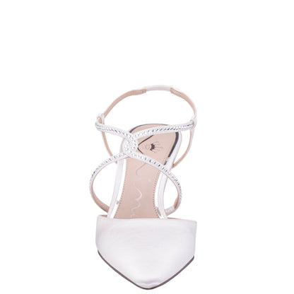 Nina Shoes Nichele White Satin with Crystal Twist Mid-Heel Slingback Pumps