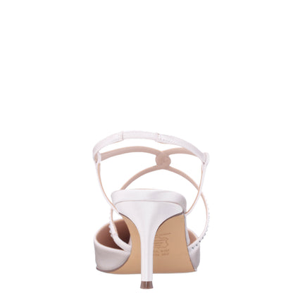 Nina Shoes Nichele White Satin with Crystal Twist Mid-Heel Slingback Pumps
