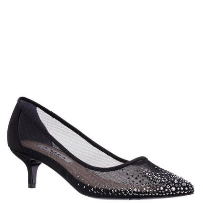 Nina Shoes Sofie Black Mesh with Faceted Crystals Kitten-Heel Pumps