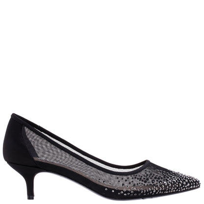 Nina Shoes Sofie Black Mesh with Faceted Crystals Kitten-Heel Pumps